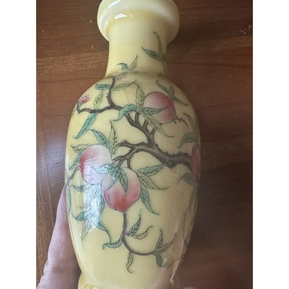 Vintage Chinese Peach Vase Hand Painted‎ Yellow Porcelain Decorated in Hong Kong
